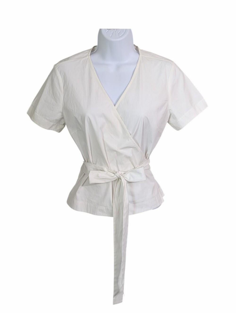 Theory Analice Light Poplin Wrap Top Size M White V-Neck Short Sleeve Basic Chic